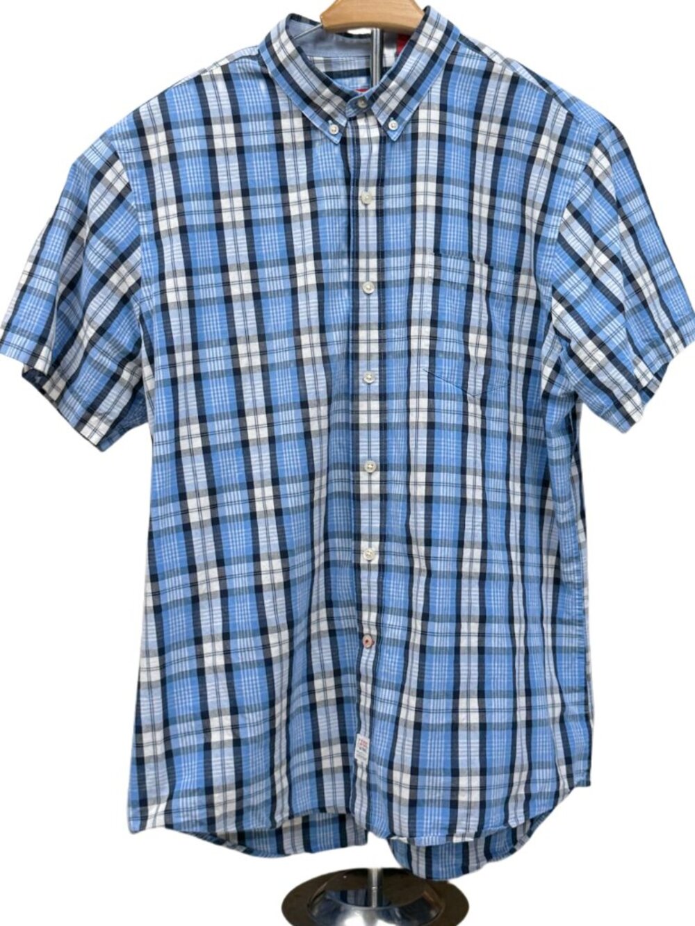 Izod Saltwater Blue White Plaid Checkered Short Sleeve Button Down Shirt Casual